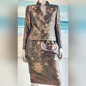 °$7,000 OSCAR DE LA RENTA EXQUISITE SILK JACKET SKIRT RUNWAY SUIT US M